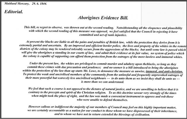 Aborigines Evidence Bill 1844. Courtesy Carl Hoipo, Wollombi Historical Society